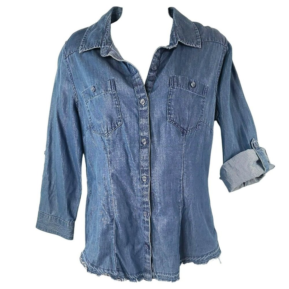 AMERICAN RAG Denim Button Up Shirt Women's XS Blouse Top Button Blue Frayed Edge - Picture 1 of 13